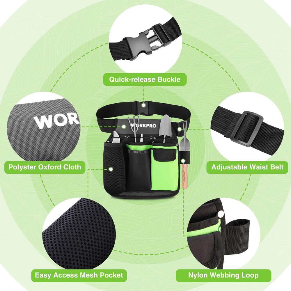 WORKPRO Garden Tool Belt Single Side Garden Tool Pouch 5 Pockets Adjustable Belt