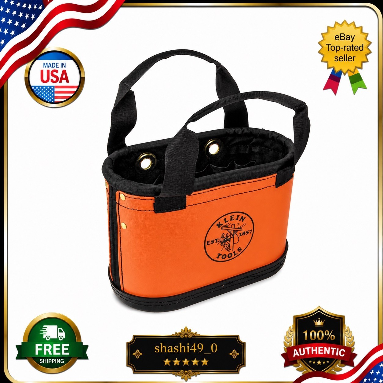 Klein Tools 5144HBS Hard Body Oval Tool Bucket Bag 15 Pocket Orange Black-New🔥❗