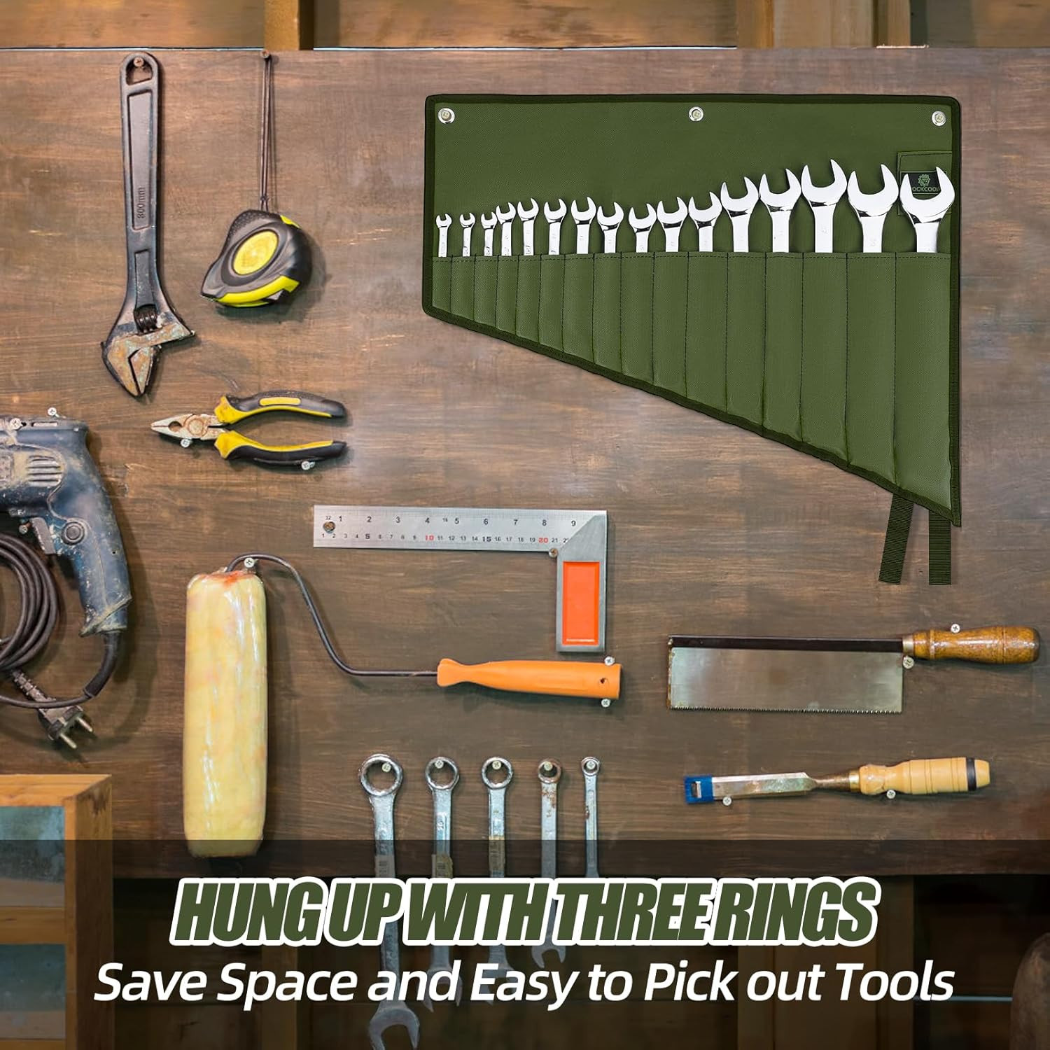 Wrench Roll Organizer 16-Pocket Waterproof Oxford Cloth Tool Pouch Roll-Up Green