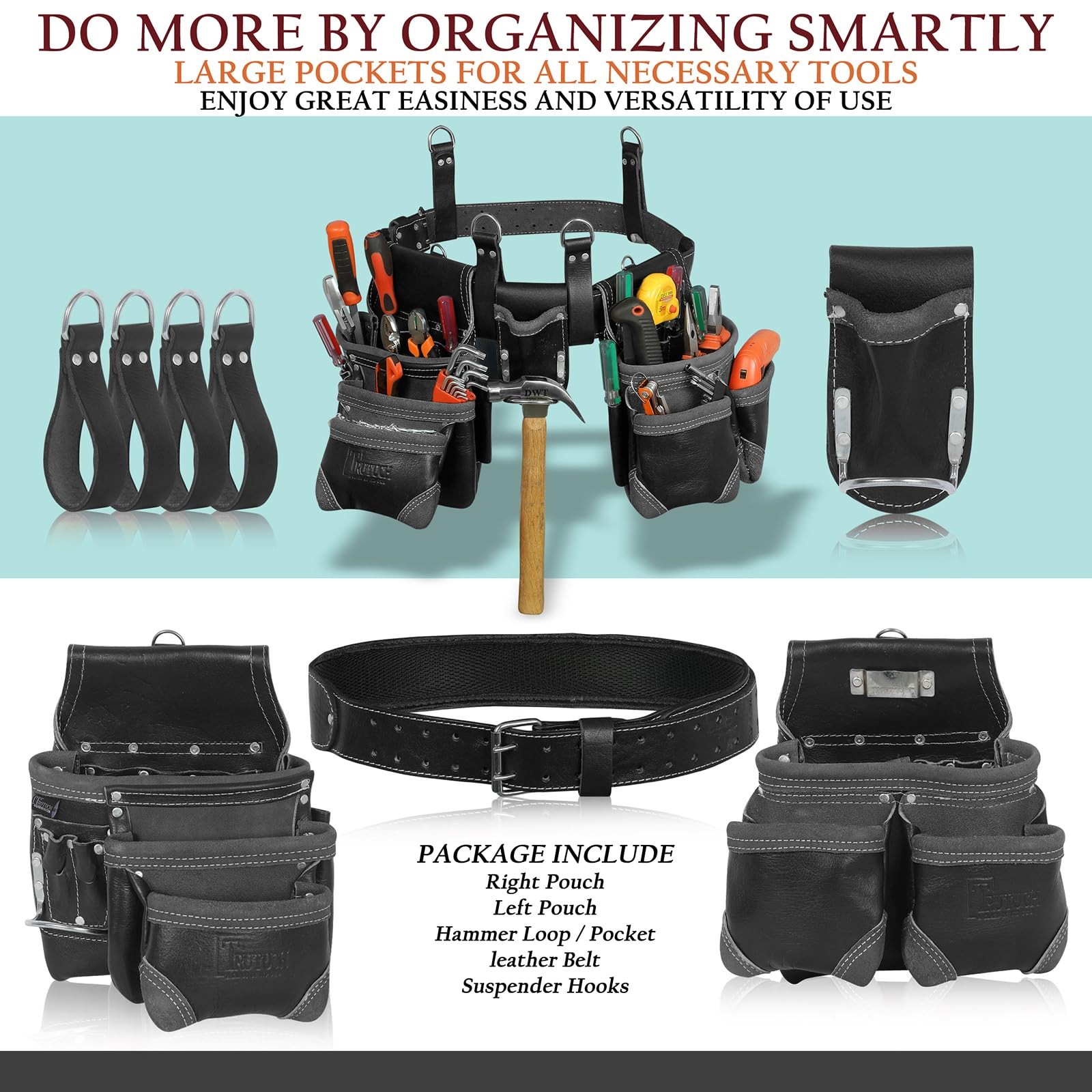 TRUTUCH Grain Leather Tool Belt | Tool Rig Set | Tool Pouch | Drywall Tool Belt