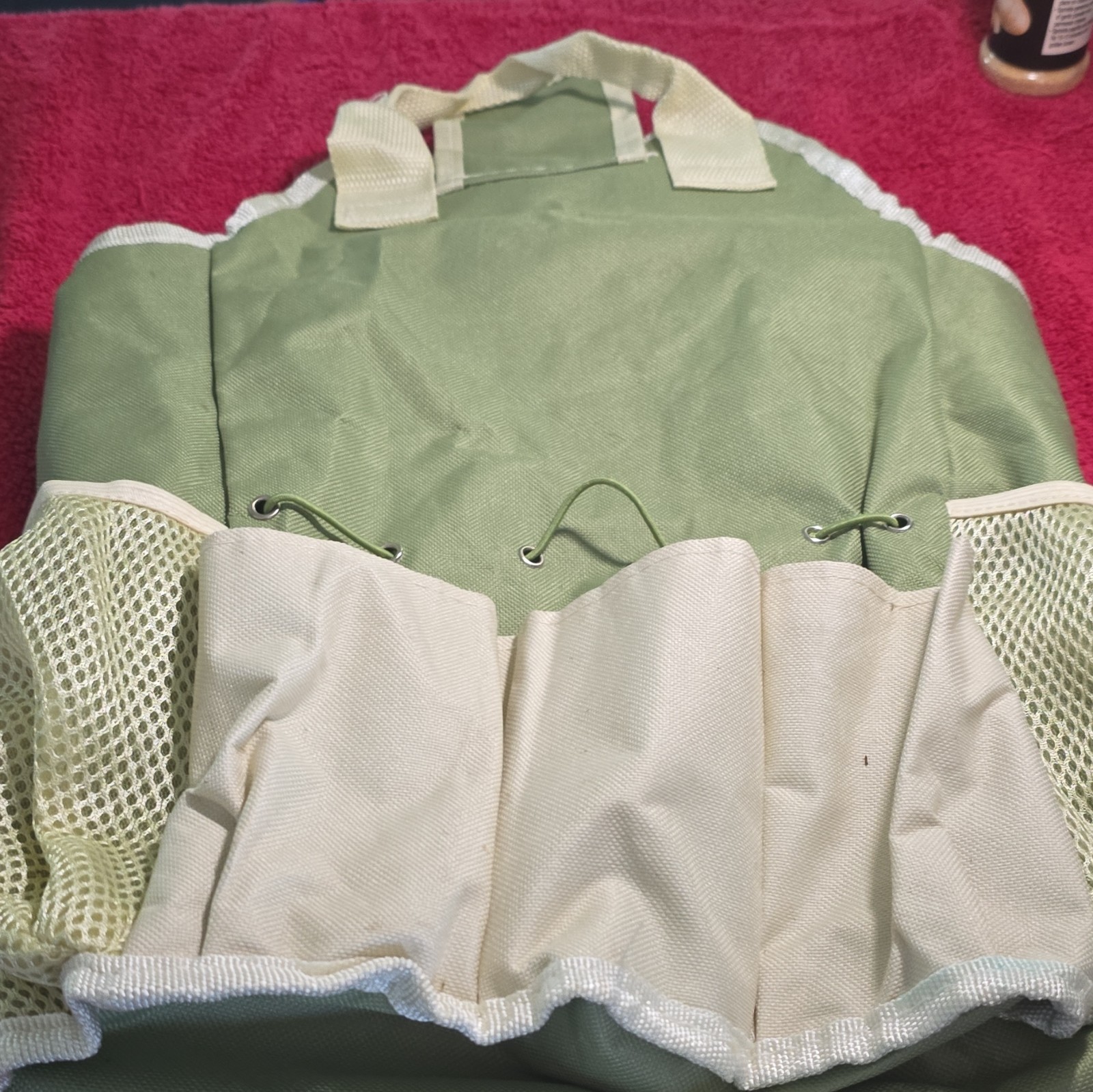 Large Green/Beige Fabric Tool Bag Tote w/ Handle, Multi-Pocket, 20x15x16″