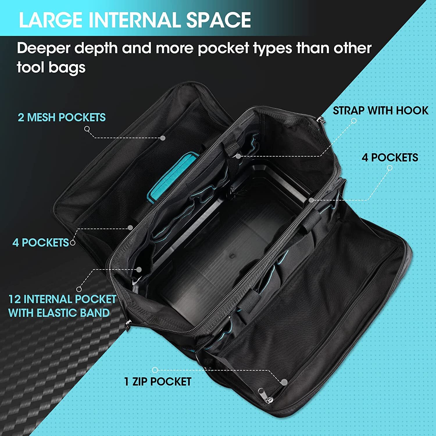 DURATECH 17″Wide Mouth Tool Bag Tool Bag Organizer WaterProof 840D Oxford Fabric