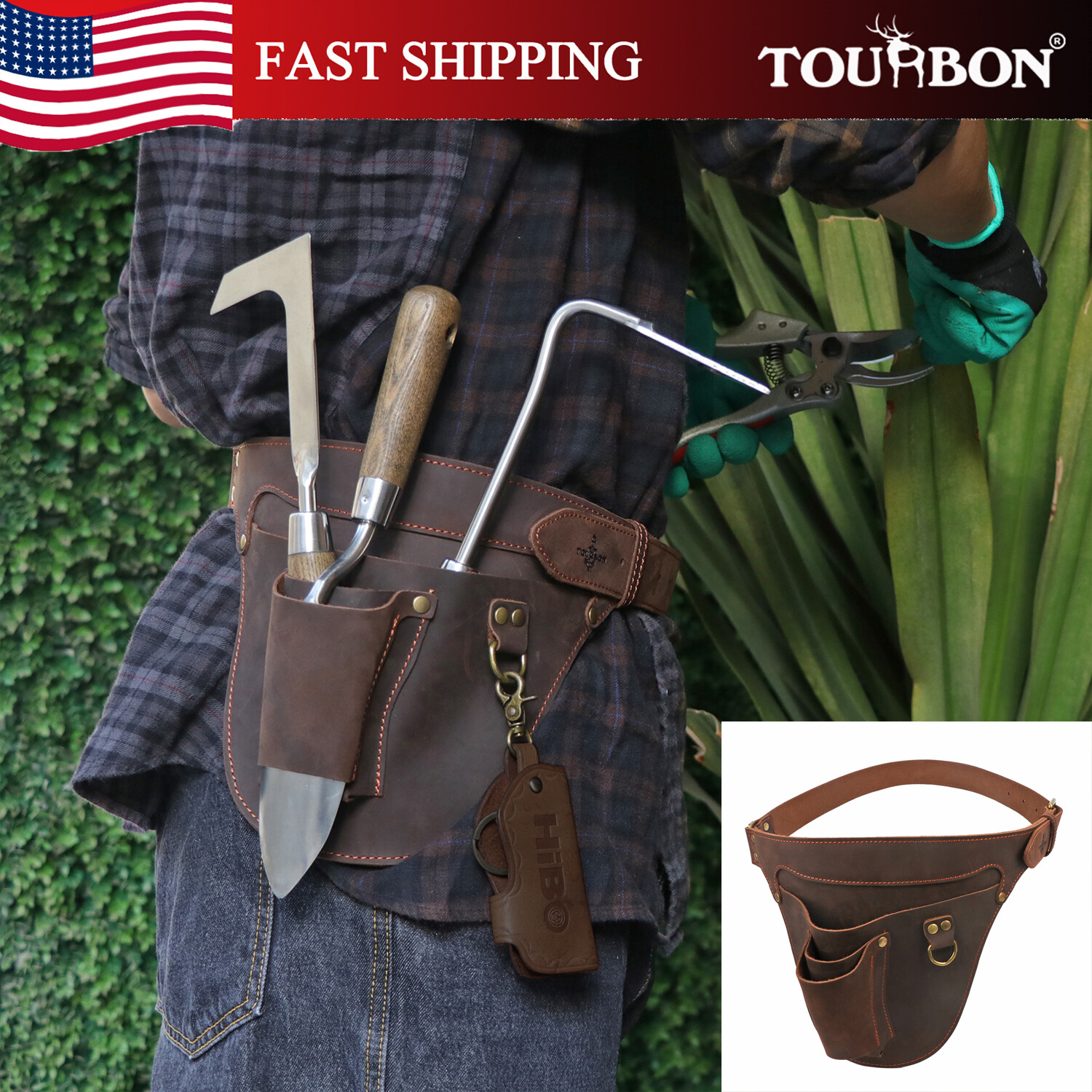 TOURBON Leather Garden Tools Carrier Belt Pouch Holster Workshop Florists Farmer
