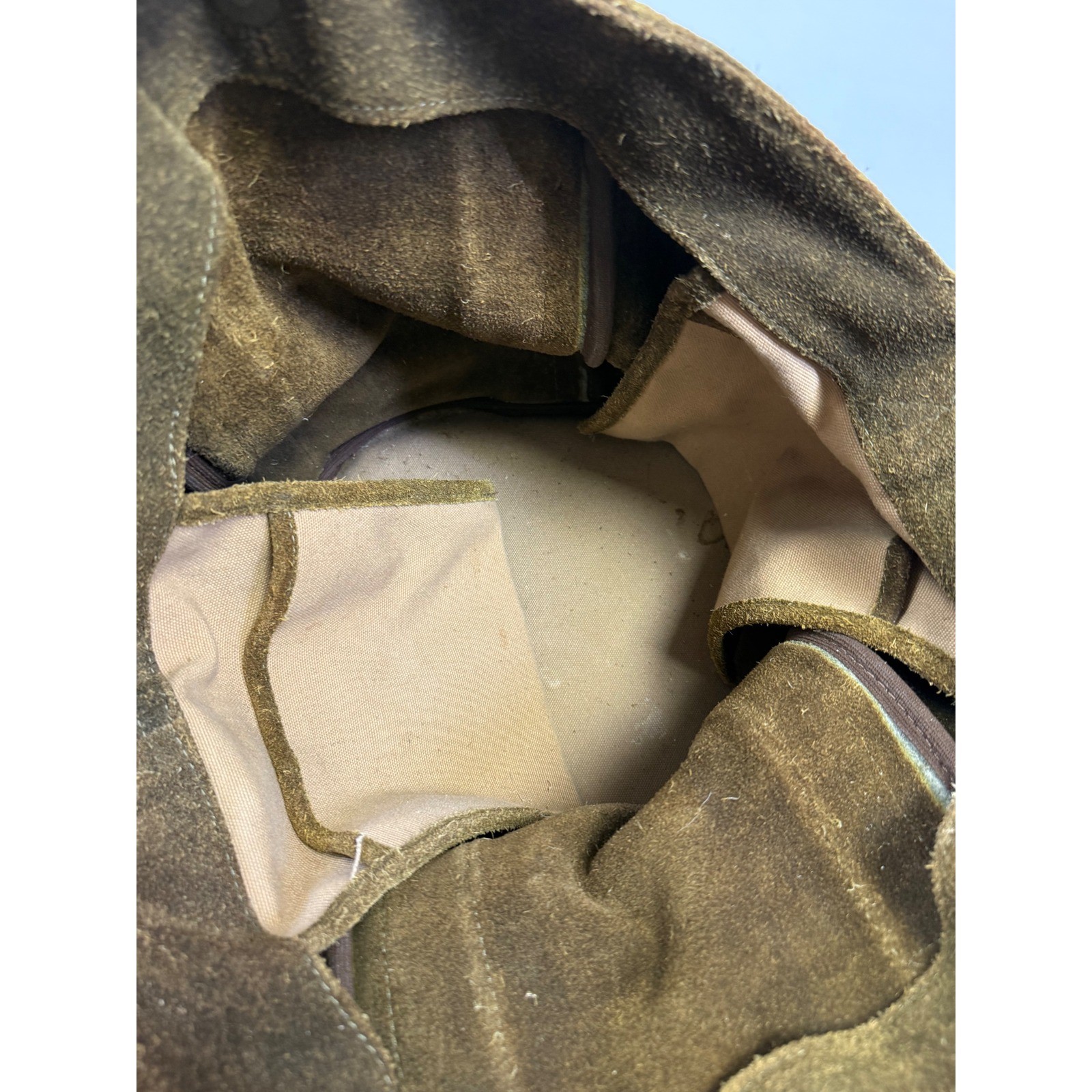 Round Suede Tool Bag Tote Canvas Trim Padded Handle Shoulder Strap Brown