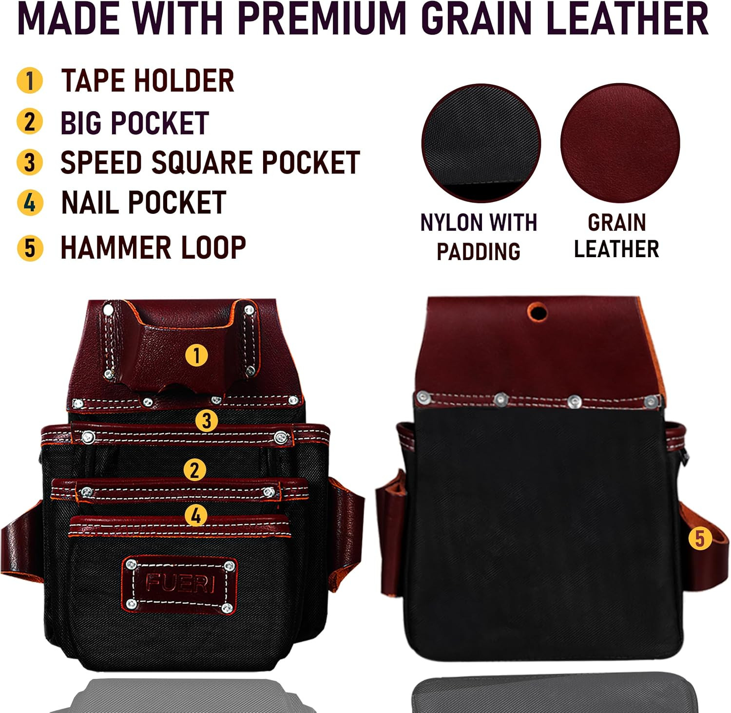 FUERI Professional Tool Belt with Pouches Nylon Leather for Carpenter