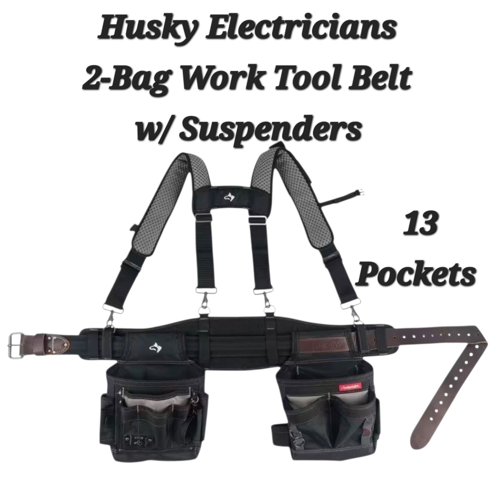 Husky 2 Bag Electricians Heavy Duty Work Tool Storage Belt & Suspenders