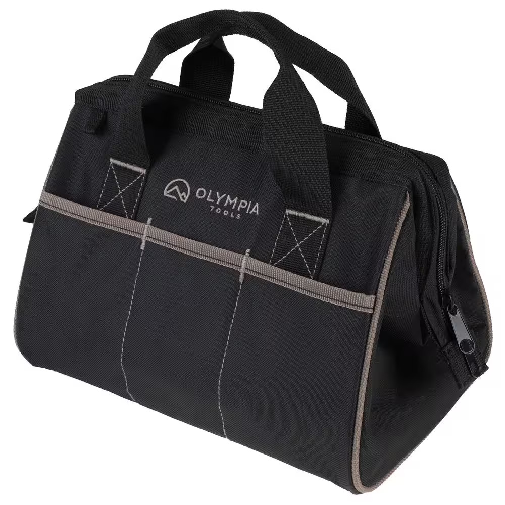 12 In. Black Weather-Resistant Wide Mouth Tool Bag, Adjustable Shoulder Strap