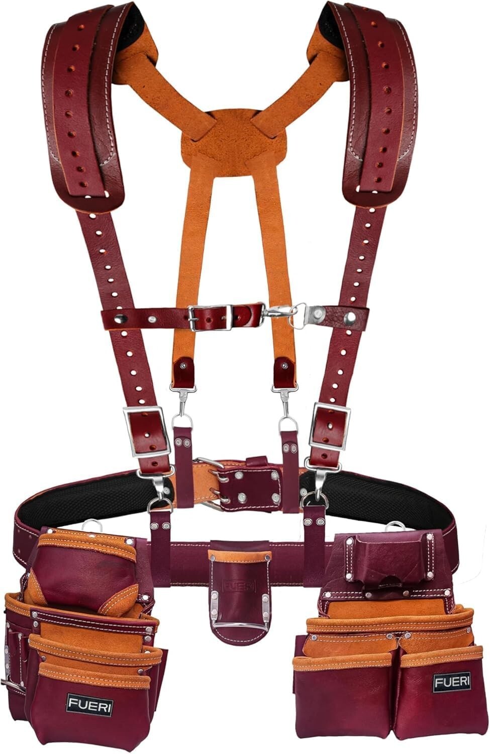 FUERI Leather Tool Belt With Suspender Heavy Duty Carpenter Construction