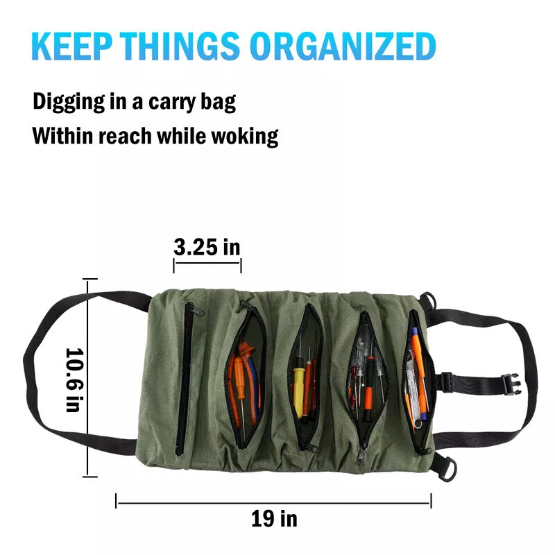 Multi-Purpose Tool Roll Up Bag Wrench Pouch Canvas Hanging Organizer w/ 5 Pocket