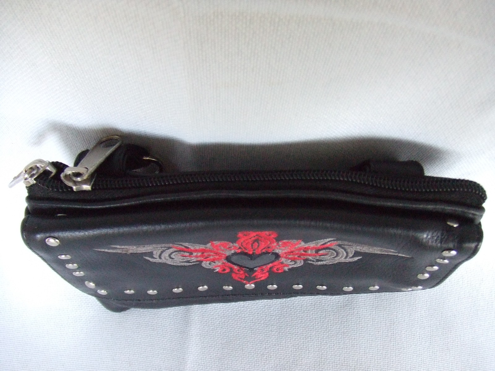 Black Biker Studded Leather Belt Clip Pouch Red and Gray embroider