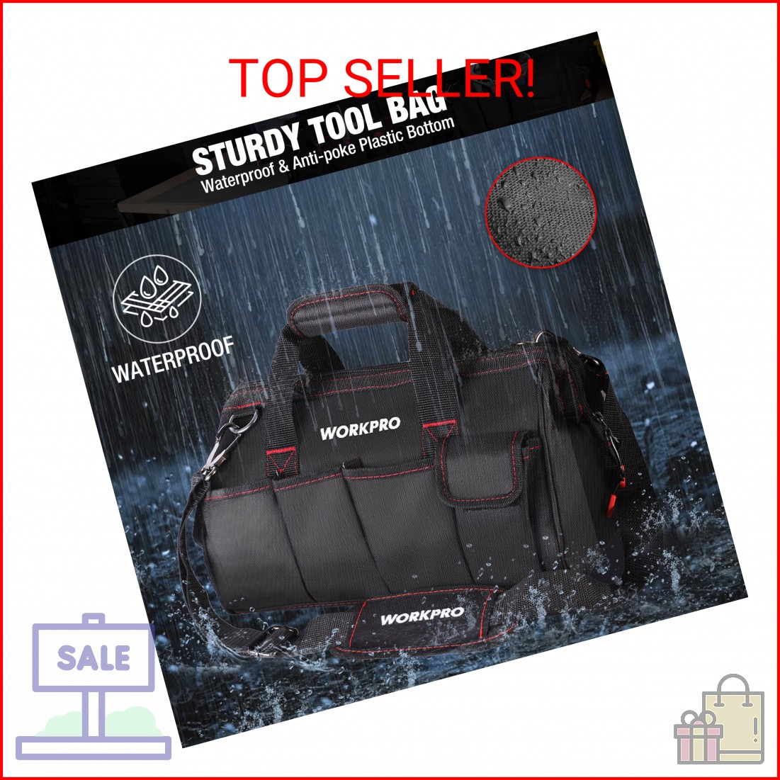 WORKPRO 16-inch Close Top Wide Mouth Tool Storage Bag with Water Proof Rubber Ba