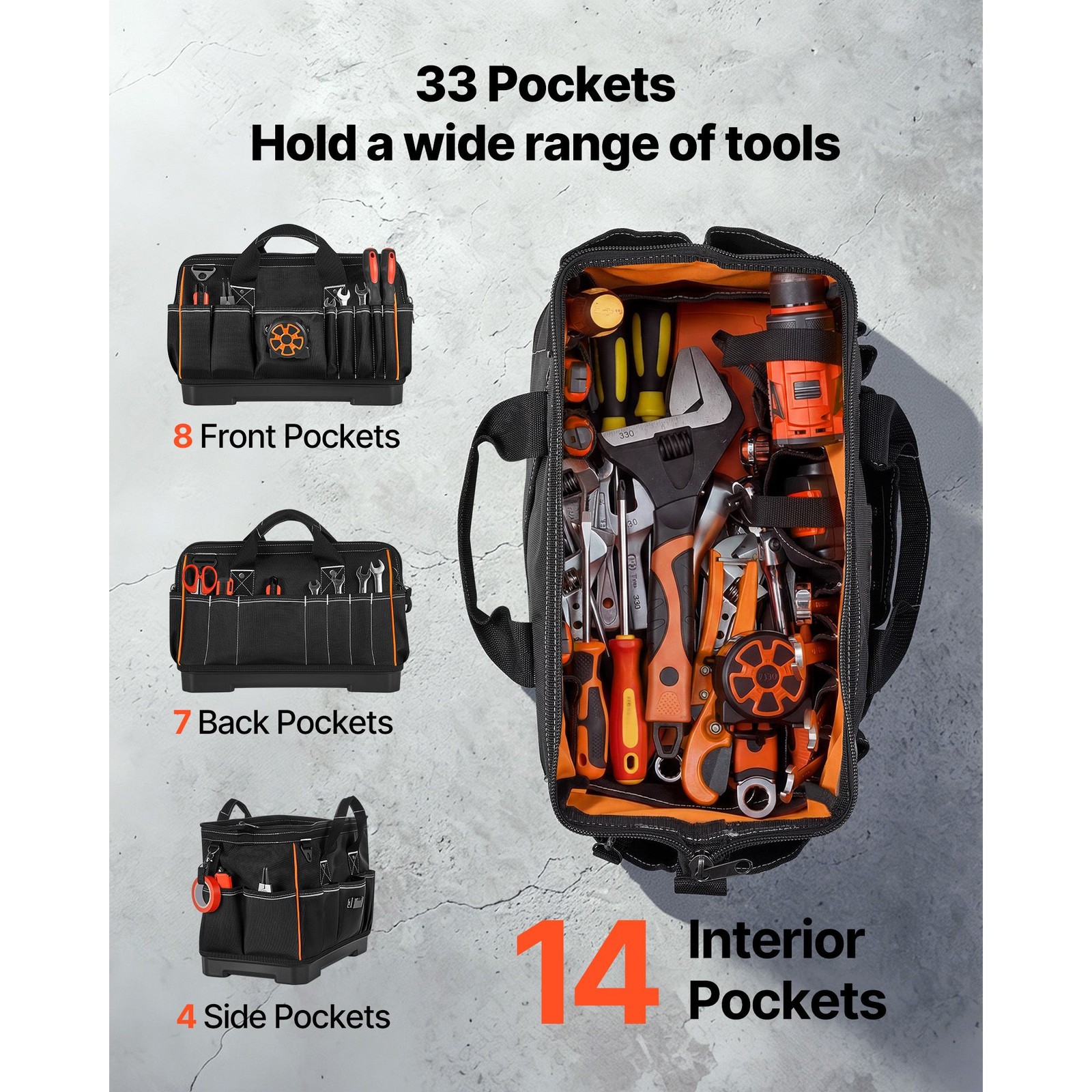 16.1in Tool Bag 33 Pockets 1680D Polyester Heavy Duty