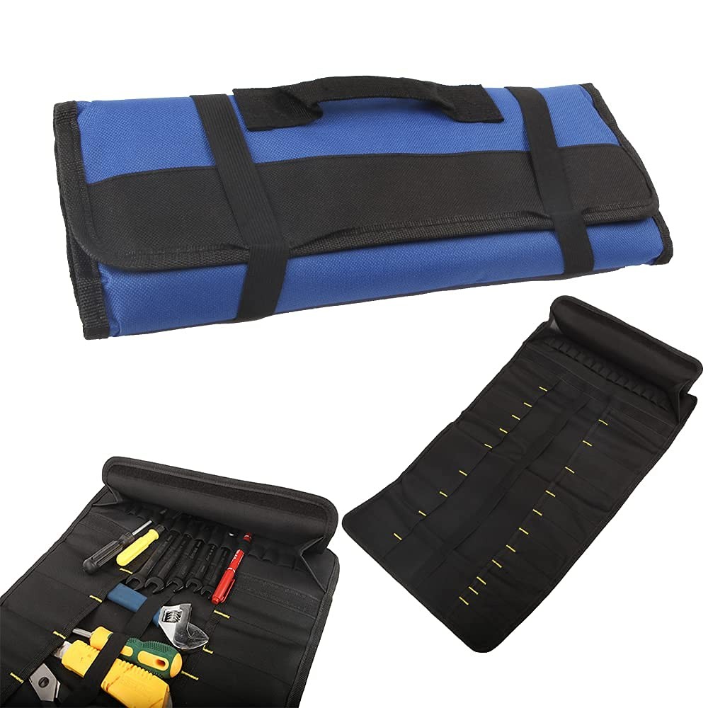 22 pocket Tool Bag Canvas Wrench Roll Up 23 inches x 14 inches, 1pc Blue