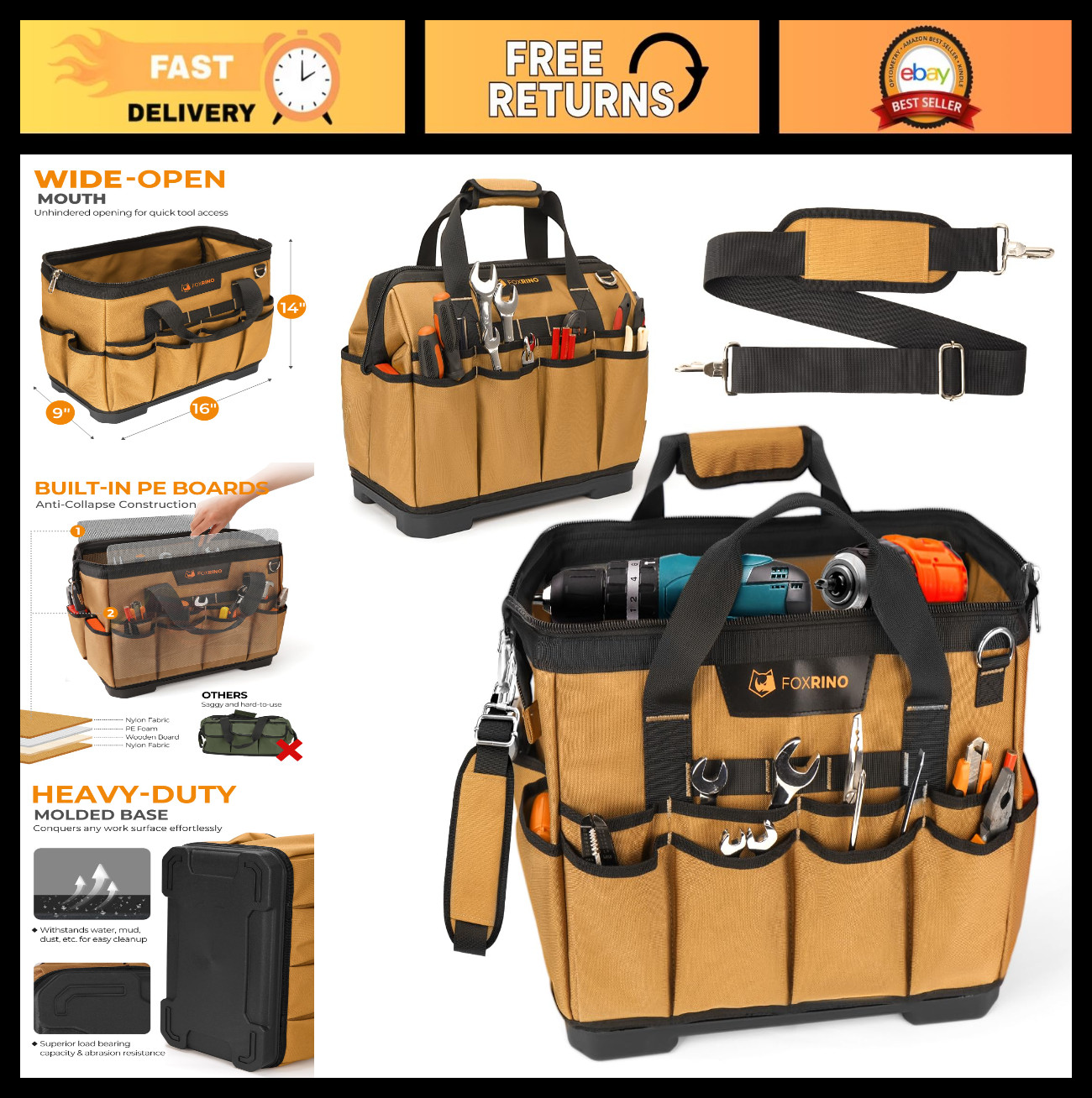Heavy Duty 16-Inch Tool Bag – 42 Pocket Portable Organizer, Anti-Collapse Storag