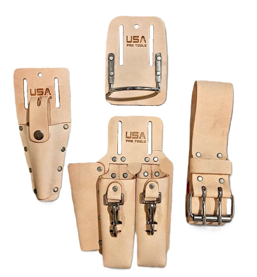 Leather Tool Pouches – USA Pro Tools Hammer & 2 Plier Holders + Belt (4-Pack)