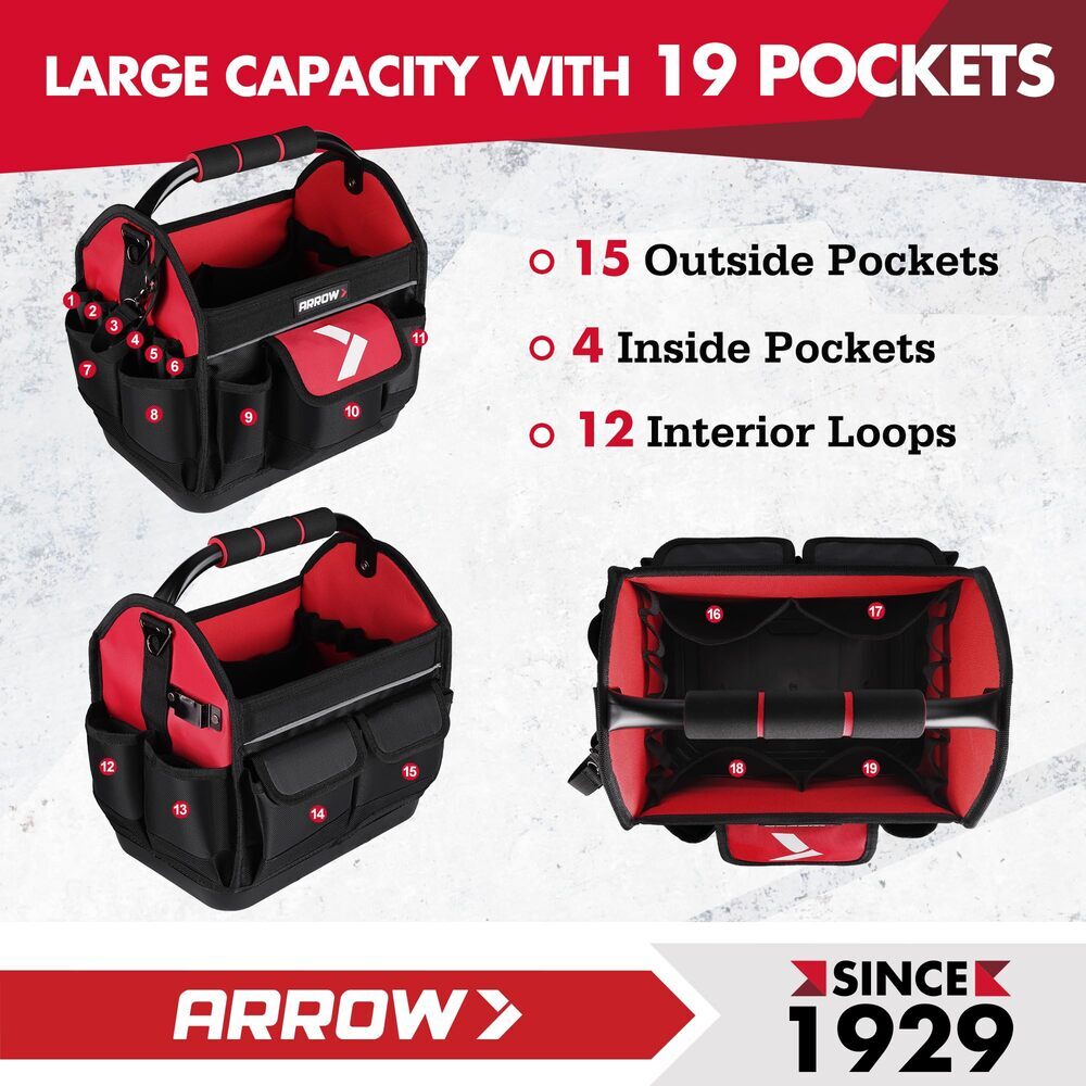 ARROW 12″ Electrician Tool Tote with Waterproof Hard Base with 19 Pockets USA