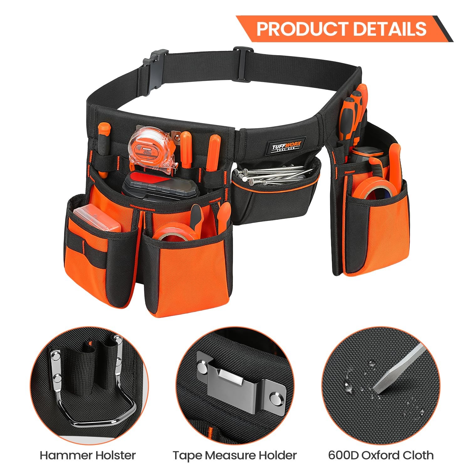 Tool Belt With Multiple Pockets Heavy Duty Construction Pouch Black And Orange