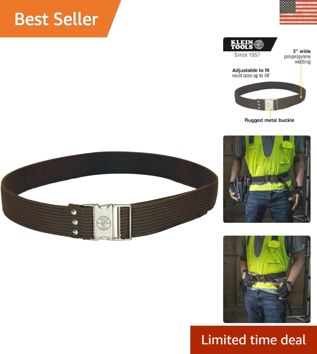 Durable Klein 5225 Electrician Belt – Heavy-Duty 2-Inch Webbing, Adjustable Fit
