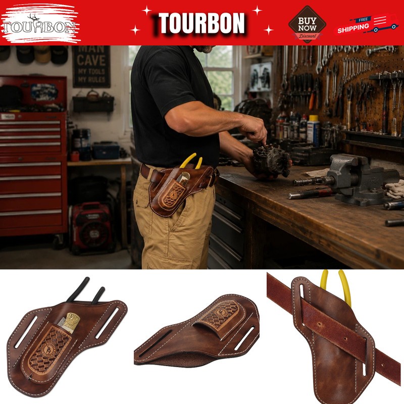 TOURBON 2-in-1 Leather Tool Pouch Angled Cross Draw Folding Knife Pliers Holster