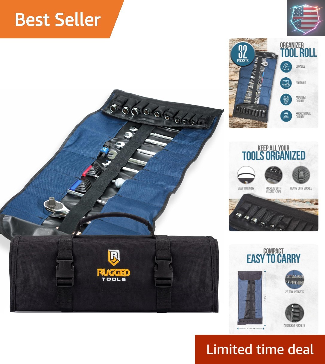 32 Pocket Tool Roll Organizer – Wrench Organizer & Tool Pouch – Wrench Roll I…