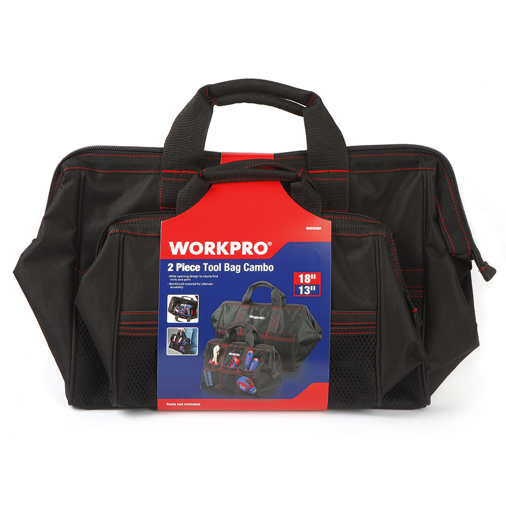 WORKPRO 2PC Tool Bag Case 13″ 18″ Heavy Duty Tote Storage Wide Mouth With Zipper