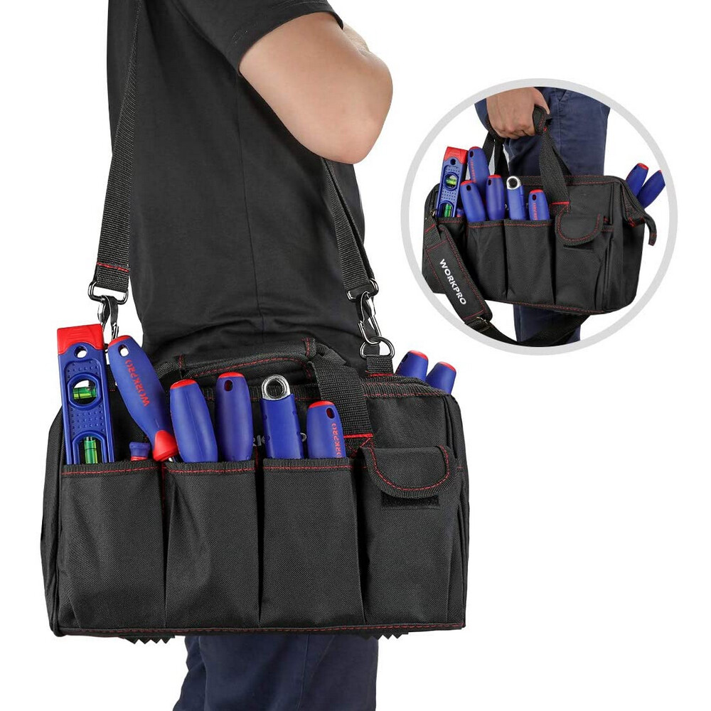 WORKPRO 12″/14″/16″ Close Top Wide Mouth Tool Storage Bag Rubber Base Pocket Bag