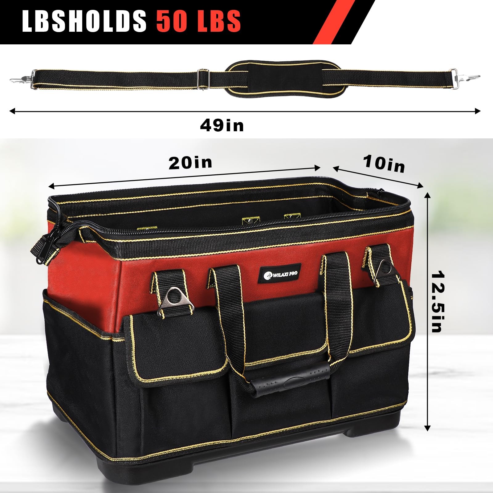 20 Inch Red Tool Bag Waterproof Molded Base Wide Mouth Organizer Men Women
