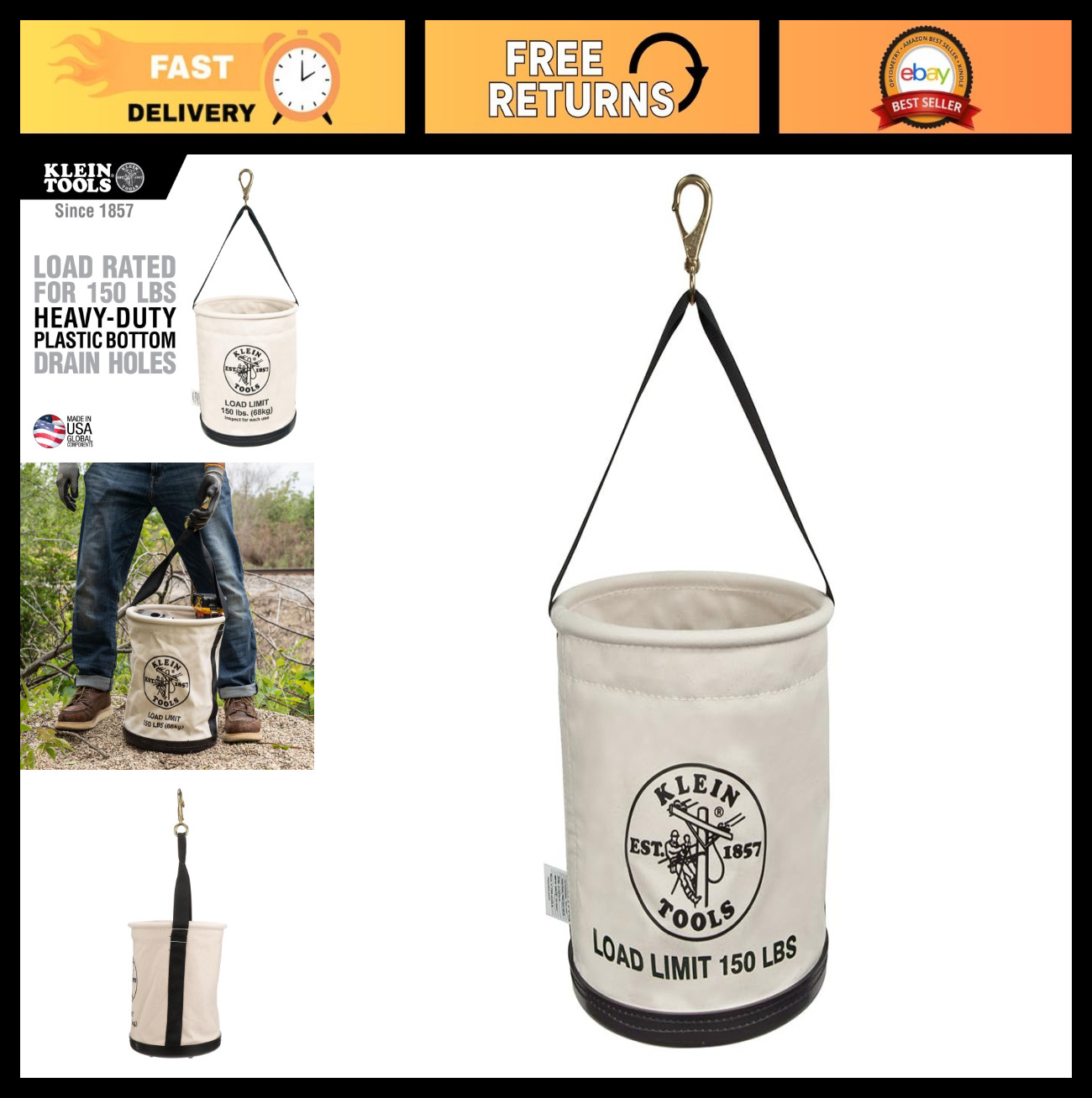 All-Purpose Canvas Tool Bucket with Plastic Bottom & Drain Holes, 150 lb Capacit