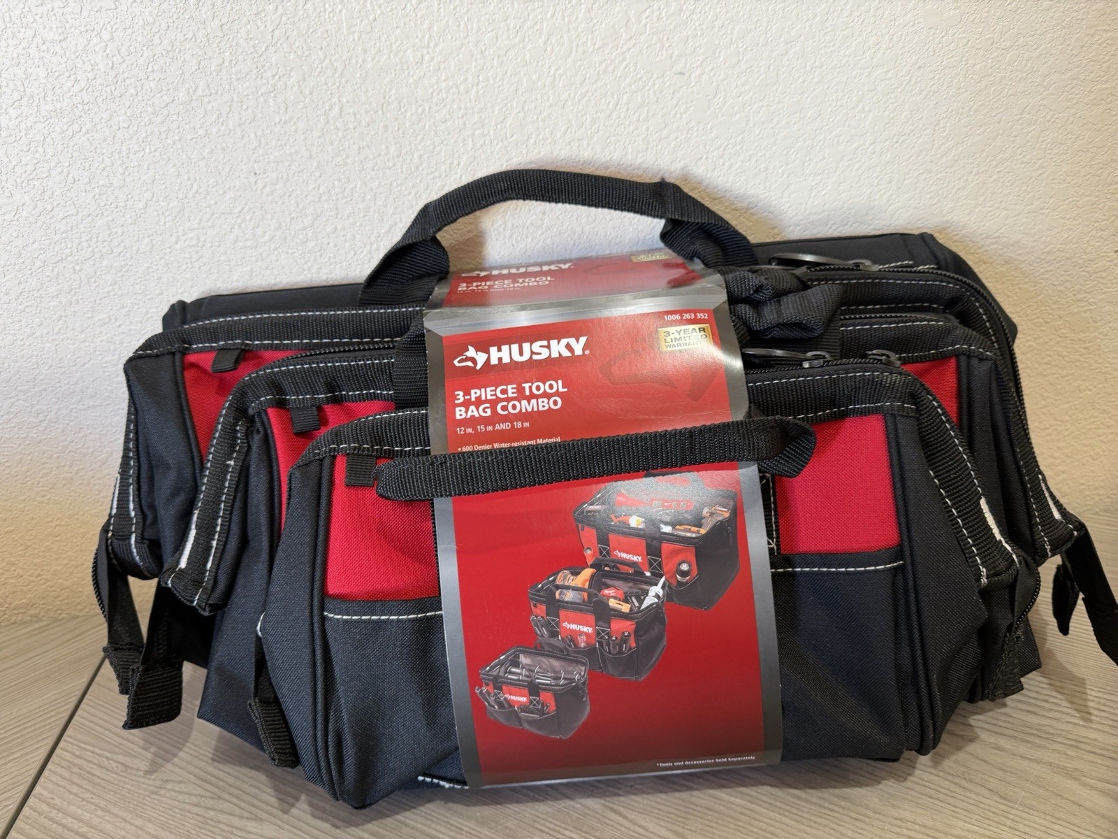 Husky 3 Tool Bag Combo Set -12 inch 15 Inch and 18 inch Bags Water Resistant