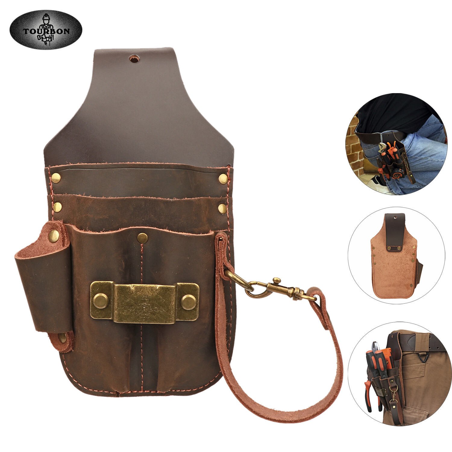 TOURBON Leather Holster Tape Electrician Thong Loop Tool Pouch 5 in1 Belt Holder