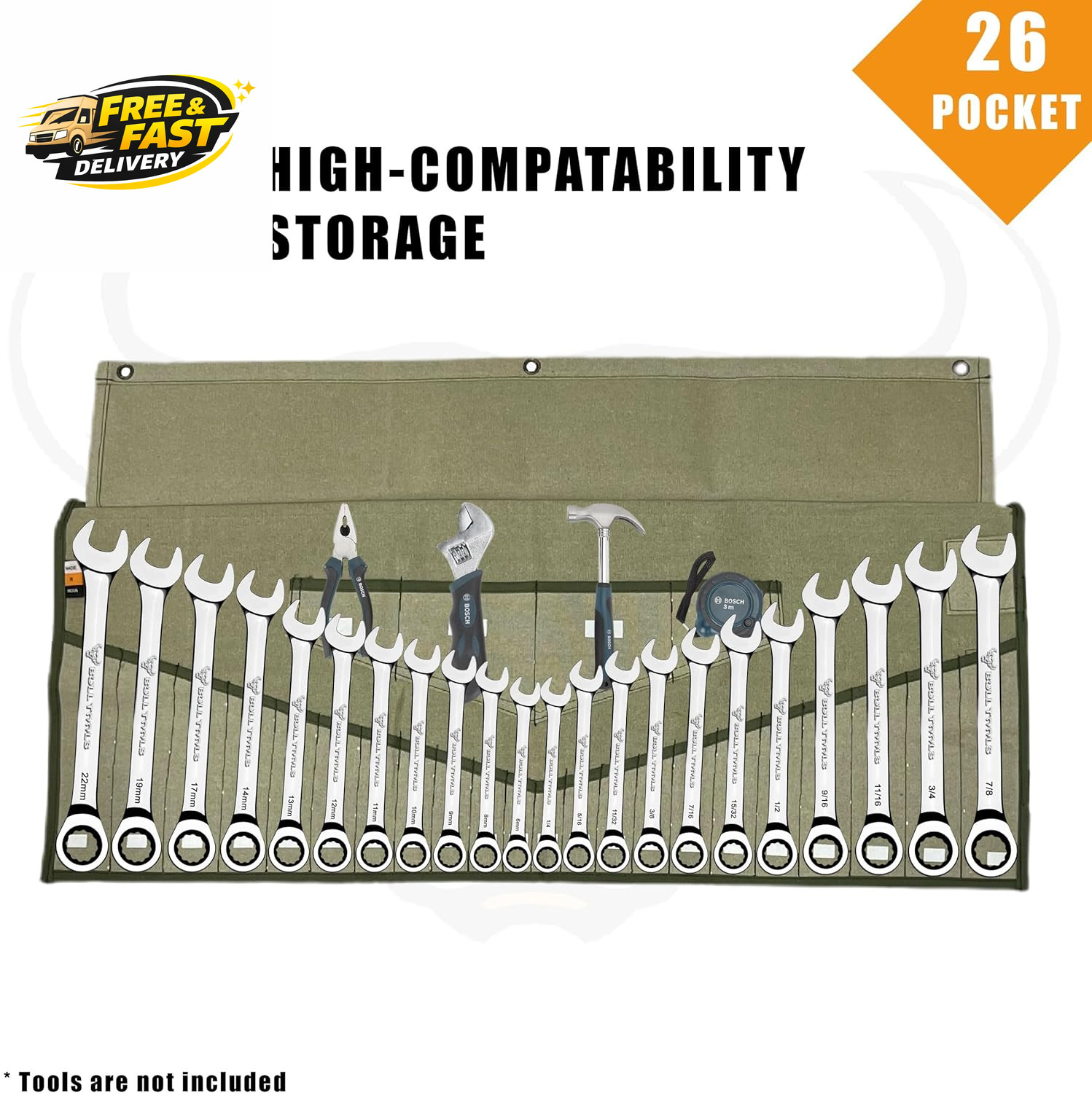 Wrench Roll, 26 Pocket Tool Pouch, Tool Bag Wrench Organizer Metric & SAE Combin