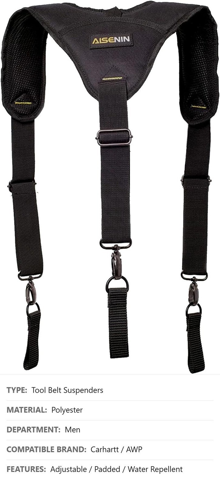 Tool Belt Suspenders, 3 Point Padded, Adjustable, Heavy-Duty, Polyester