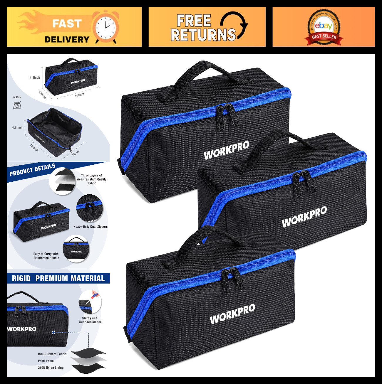10″ Tool Bags 3 Pack – Zipper Pouches, Wide Mouth, 1680D Fabric, Multi-Purpose S