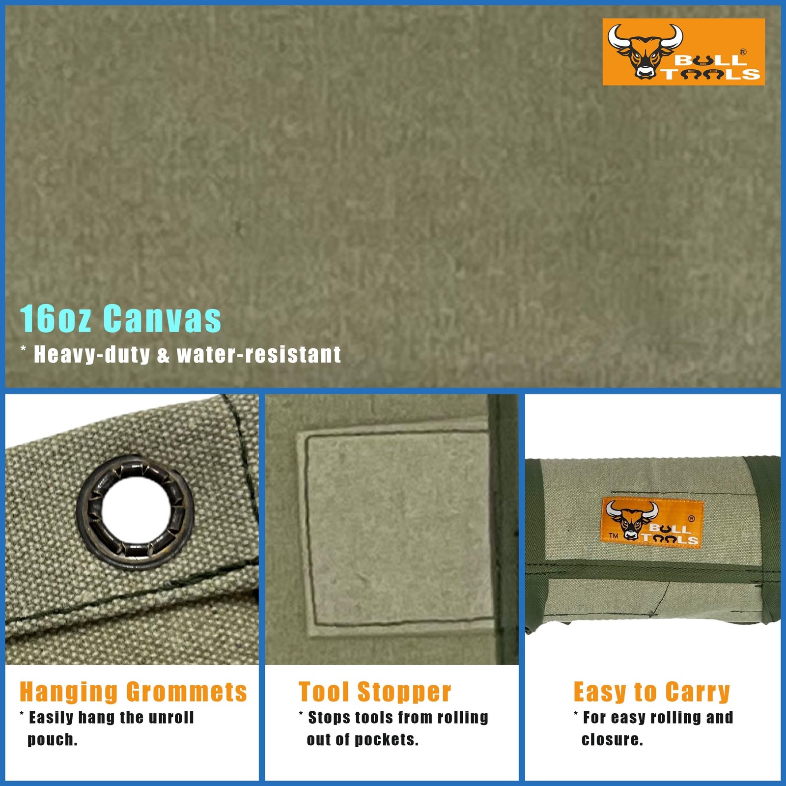 BULL TOOLS Tool Roll Organizer with 26 26 Pocket, Sand Washed Olive Drab