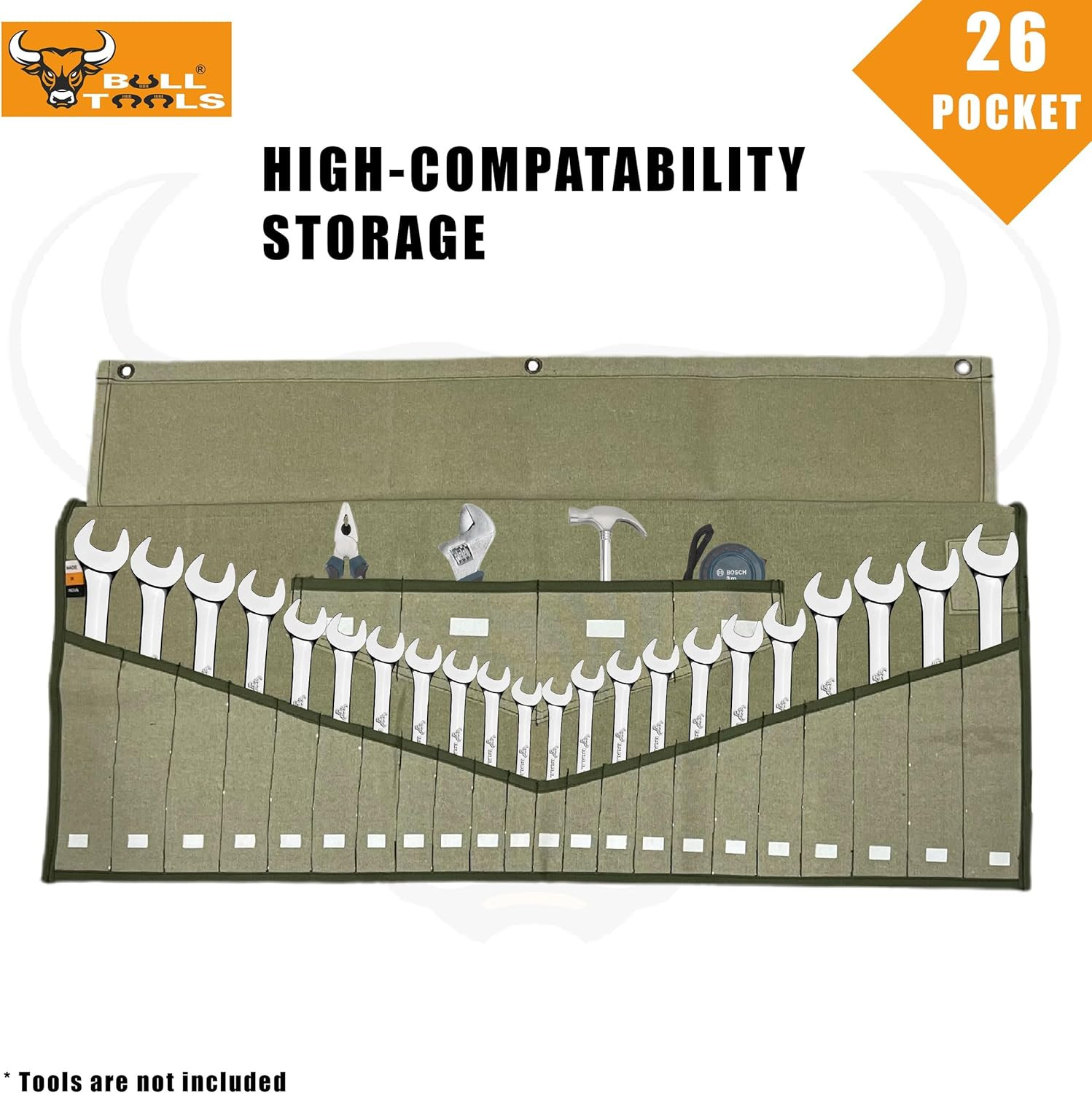 BULL TOOLS Wrench Roll, 26 Pocket Tool Pouch, Tool Bag Wrench Organizer Metric &