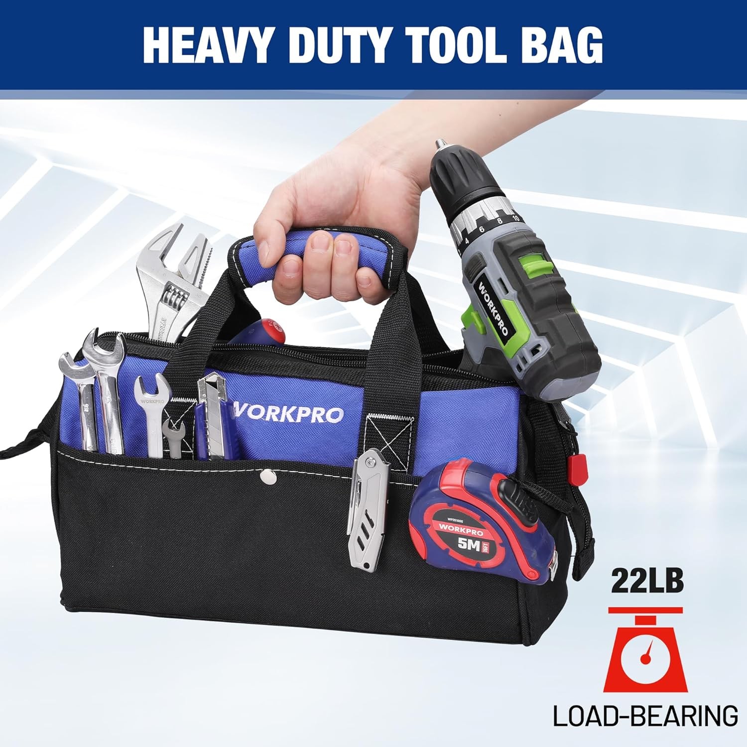 WORKPRO 13-inch Wide Mouth Tool Bag Tote Bag w/Inside Pockets Tool Bag Pink/Blue