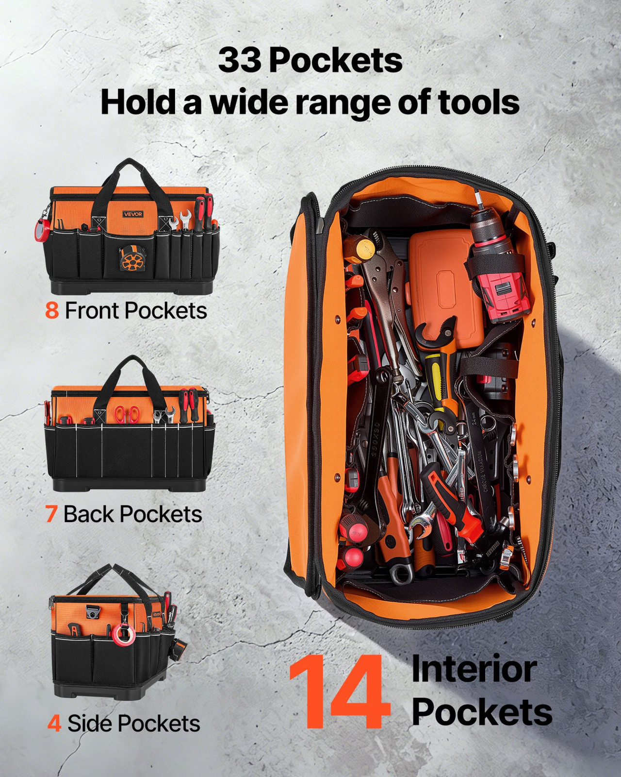 19.1″ Tool Bag 33 Pocket Toolbox Organizer w/ Water Resistant Base