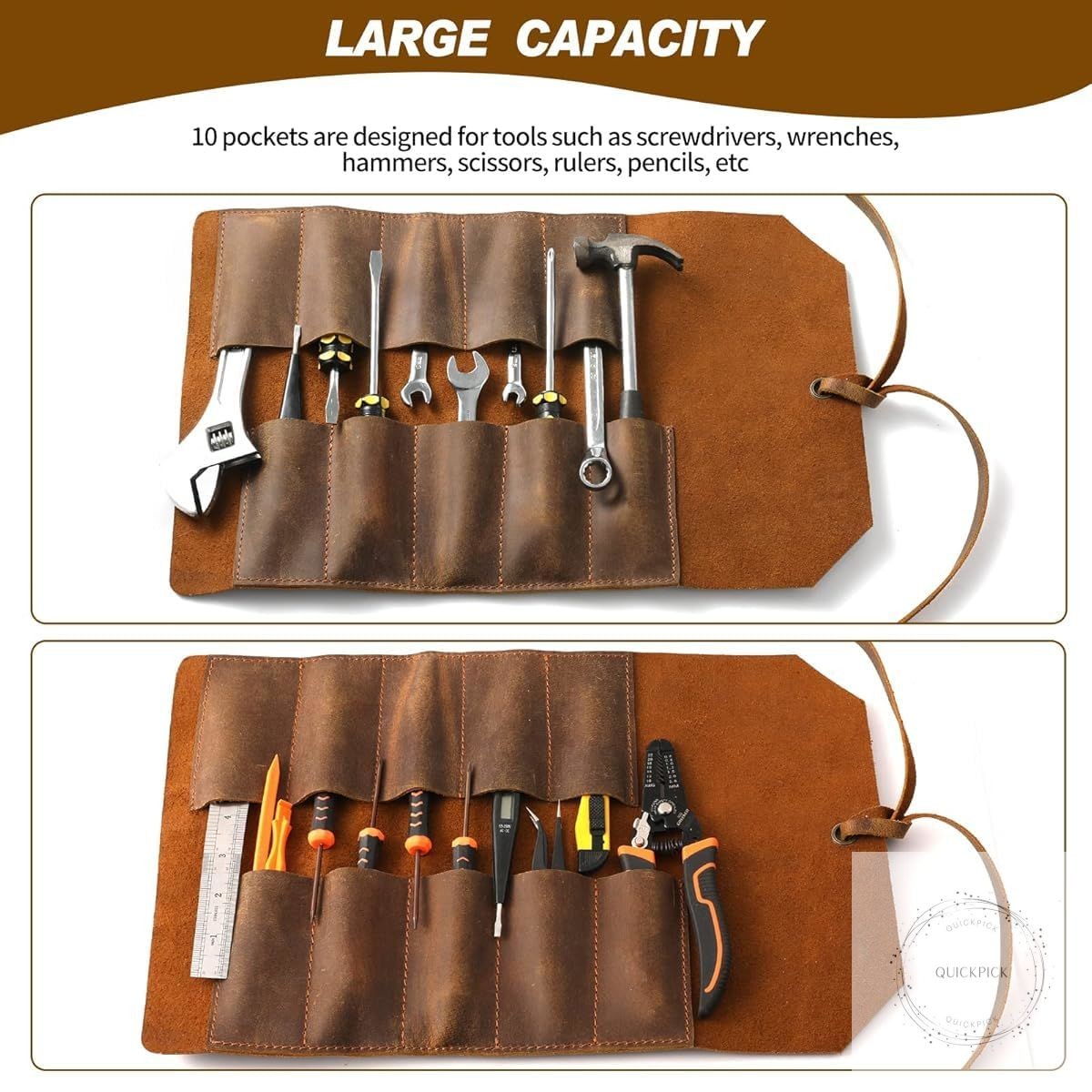 Leather Tool Roll Up Pouch 10 Slots Leather Tool Wrench Roll/Chisel Bag Portable