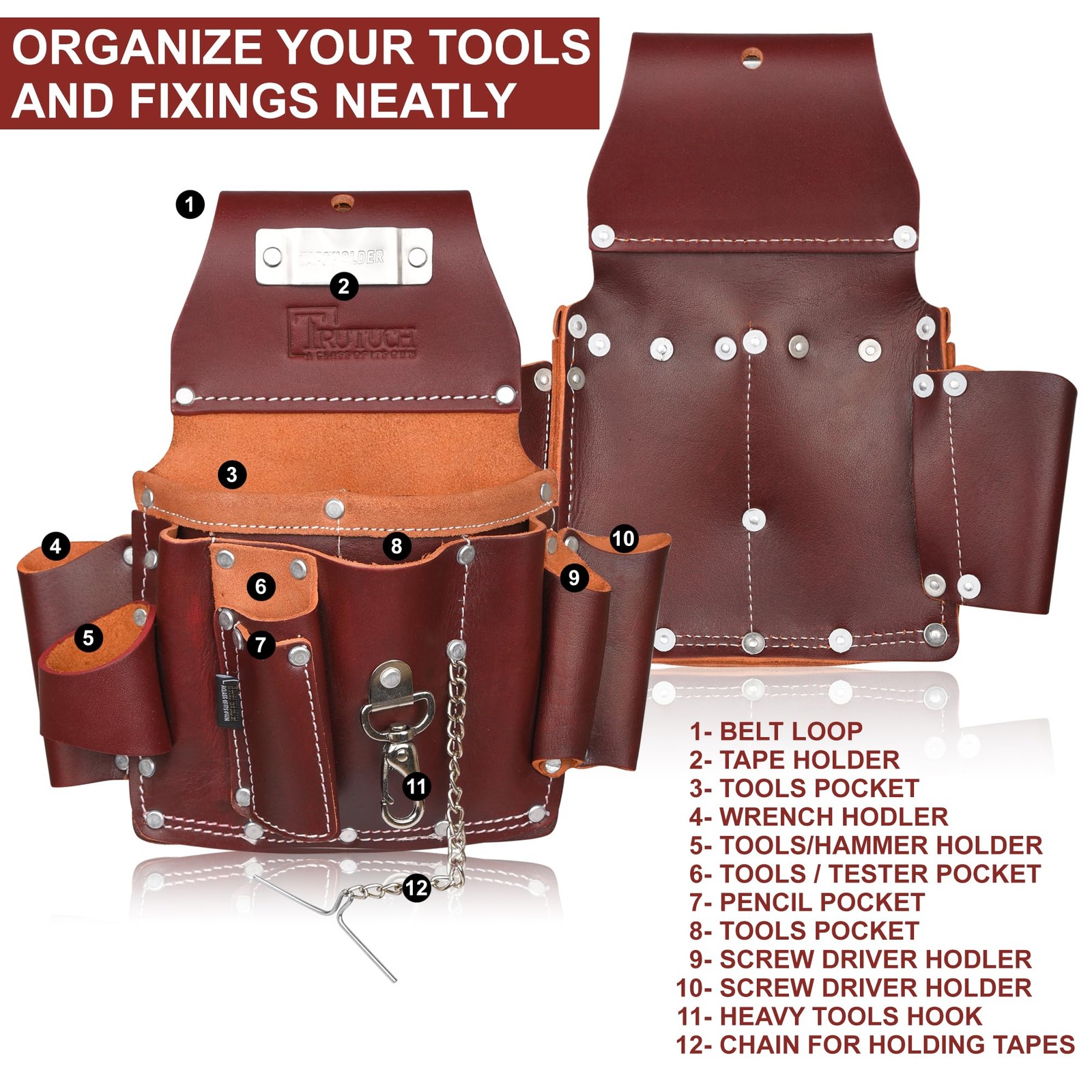 TRUTUCH Grain Leather Electrician Tool Pouch | Carpenter Large, Brown