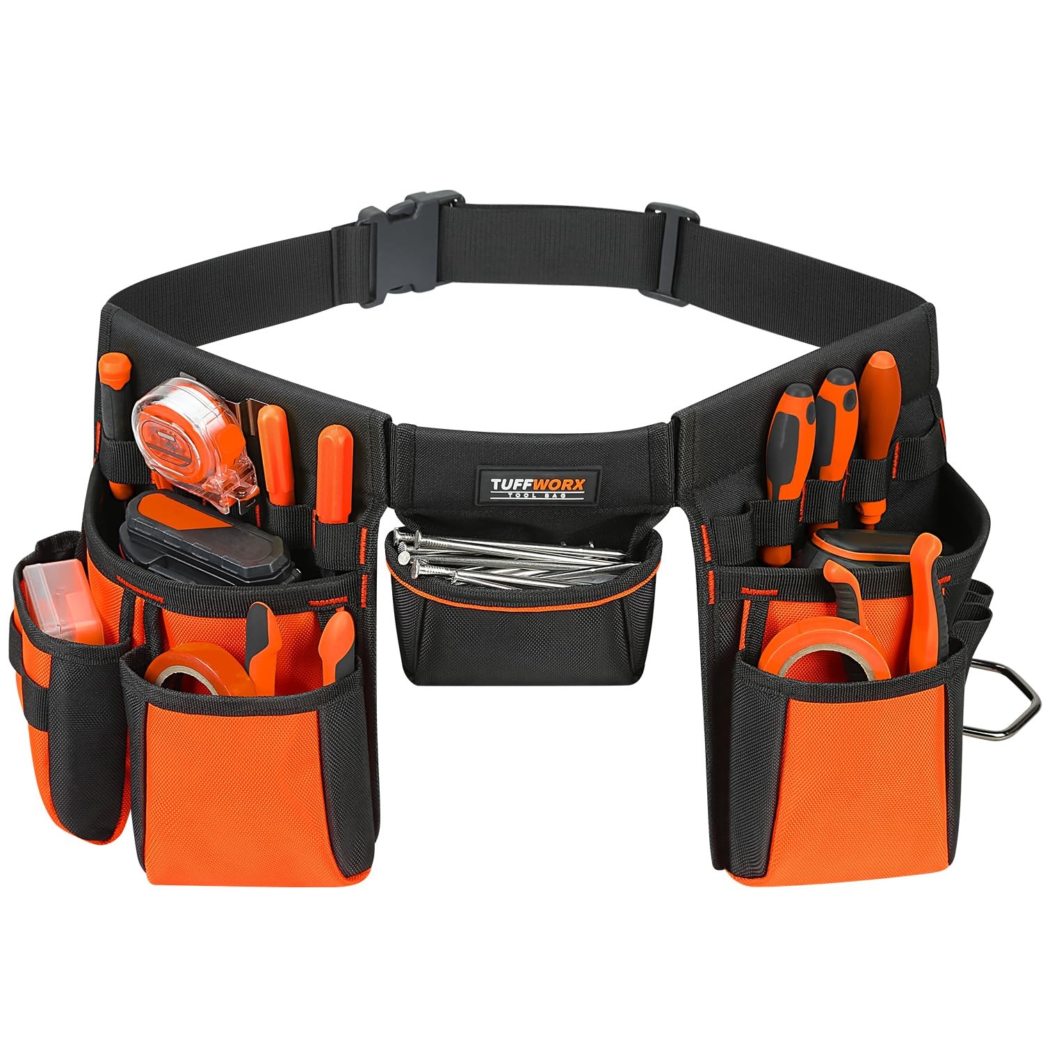Tool Belt With Multiple Pockets Heavy Duty Construction Pouch Black And Orange