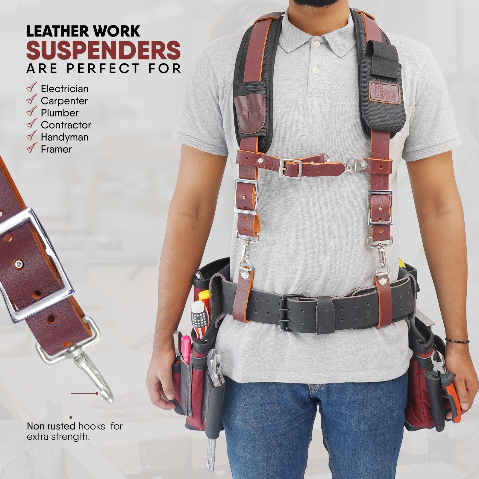 TRUTUCH Nylon and Leather Tool Belt with Leather Work Suspender | Tool Belts
