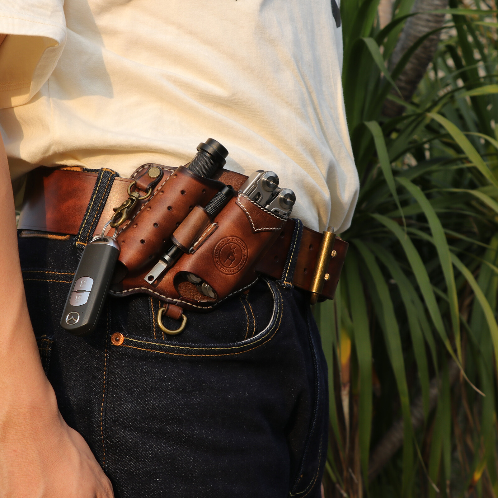 TOURBON Leather EDC Multitool Pouch Flashlight Holder Knife Belt Holster Camping