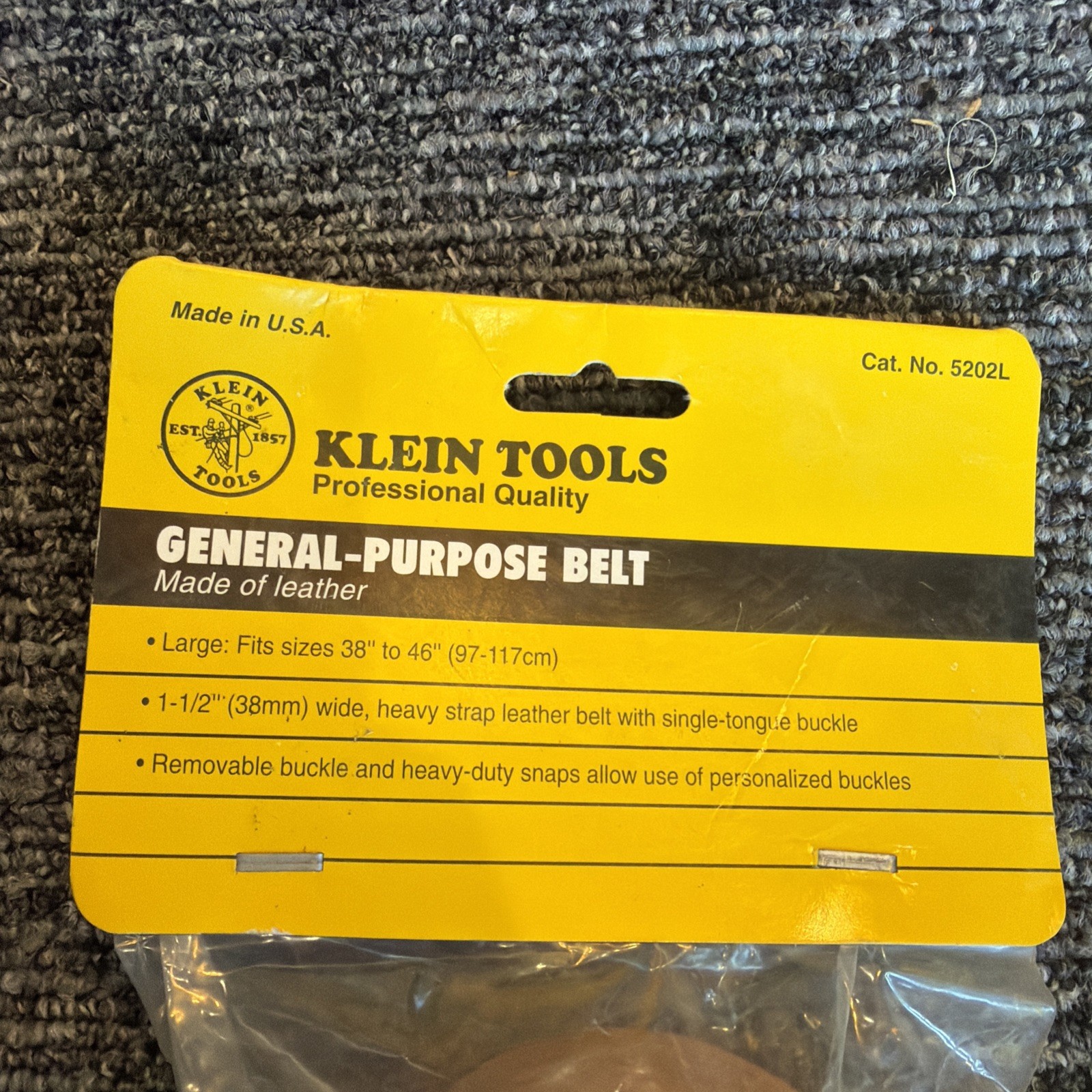 Klein Tools Black 5202L General Purpose Leather Belt Size Large 38-46” NEW