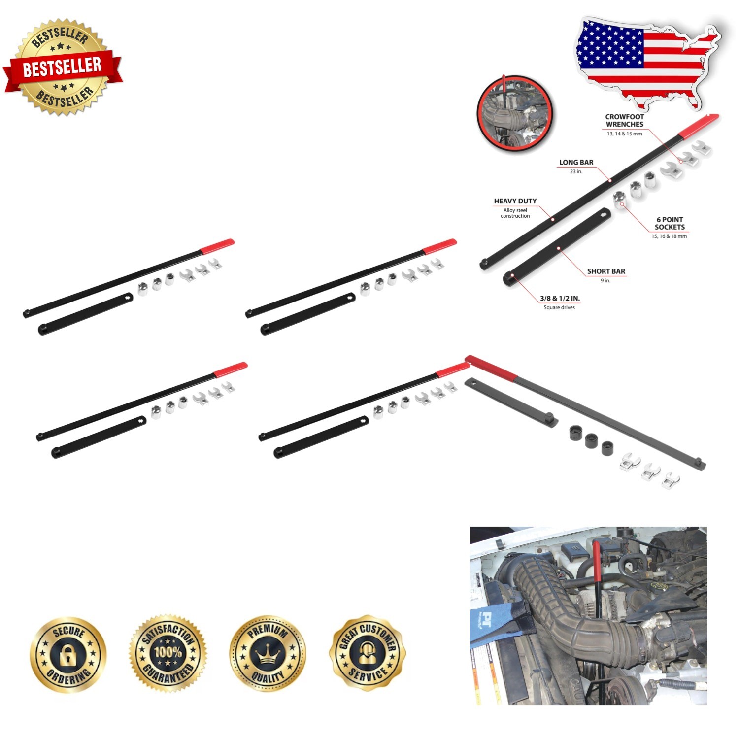 Professional Serpentine Belt Tool Set 8pc Long Handle 15-18mm Hex & Crowfoot