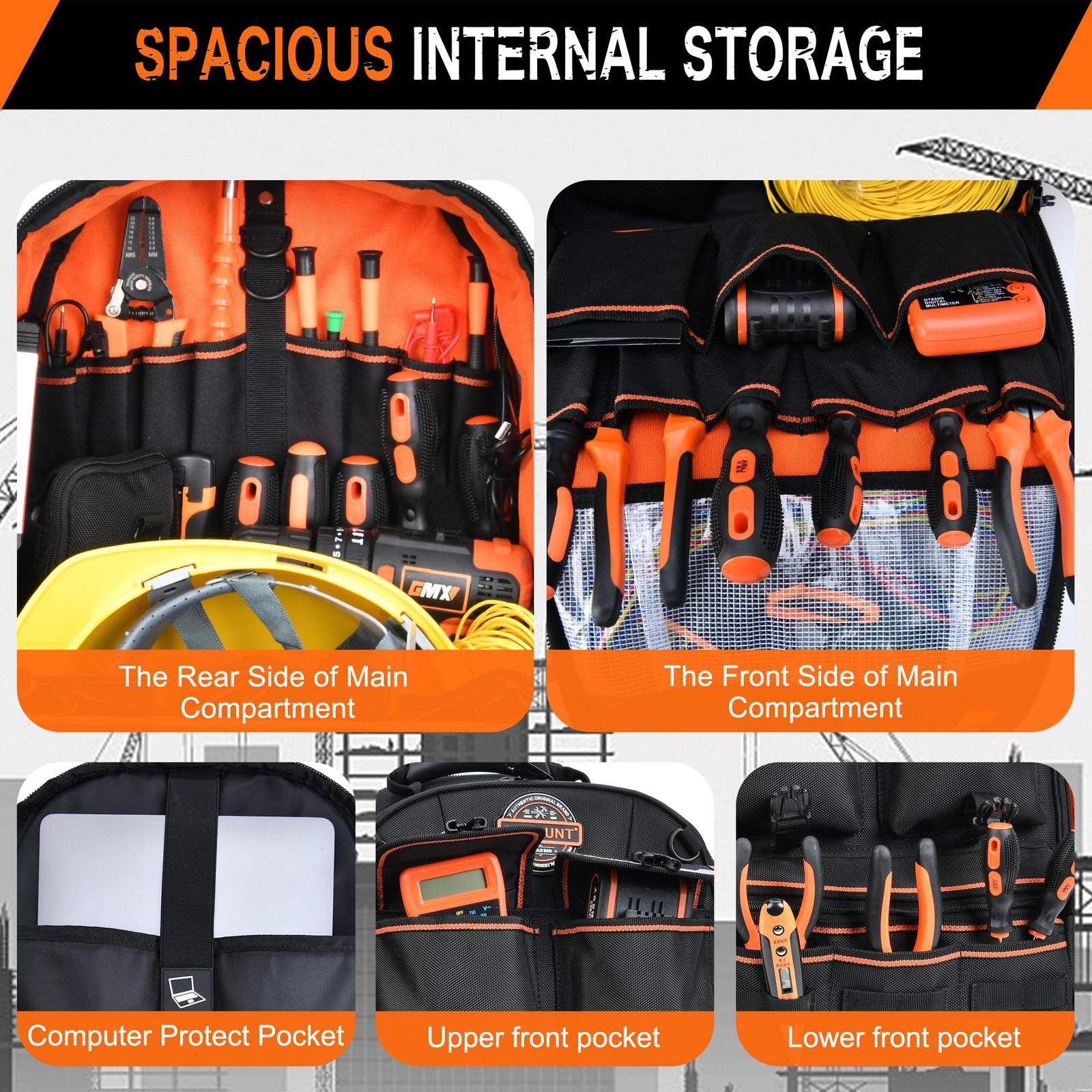 LOKASS Tool Backpack Heavy Duty with Molded Bottom, 1680D 56-Pocket Tool Bag …