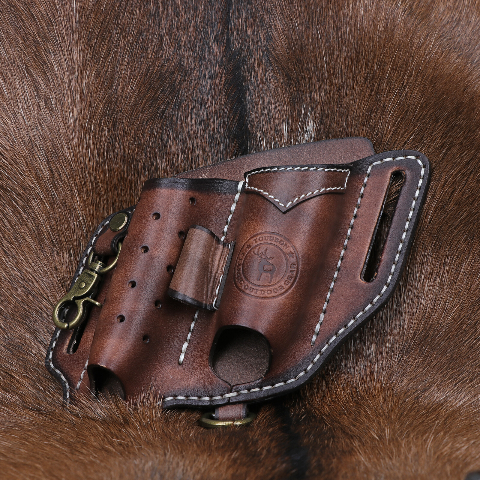TOURBON Leather EDC Multitool Pouch Flashlight Holder Knife Belt Holster Camping