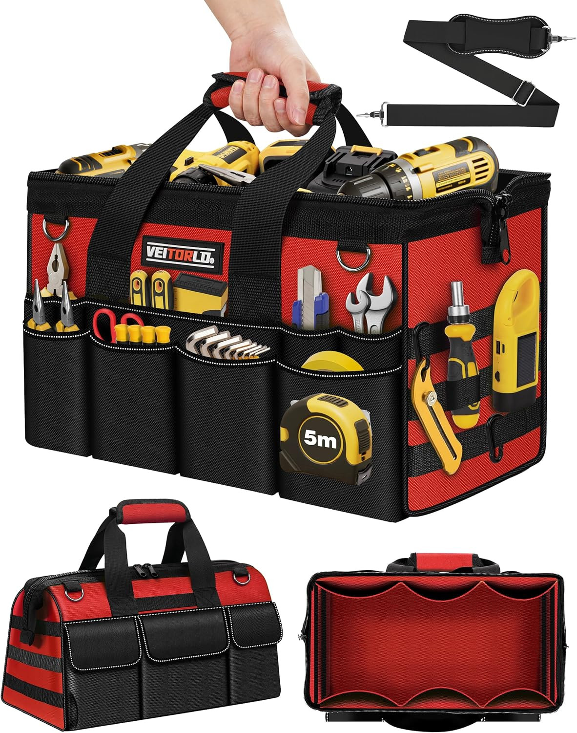 16-Inch Heavy Duty Tool Bag, 19-Pockets Tool Box Organizer, Portable Toolbag W/S
