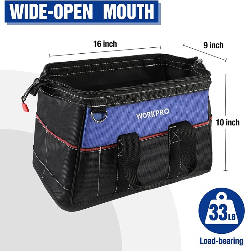WORKPRO Wide Mouth Tool Bag Heavy Duty Tool Storage Bag w/Shoulder Strap 16-inch