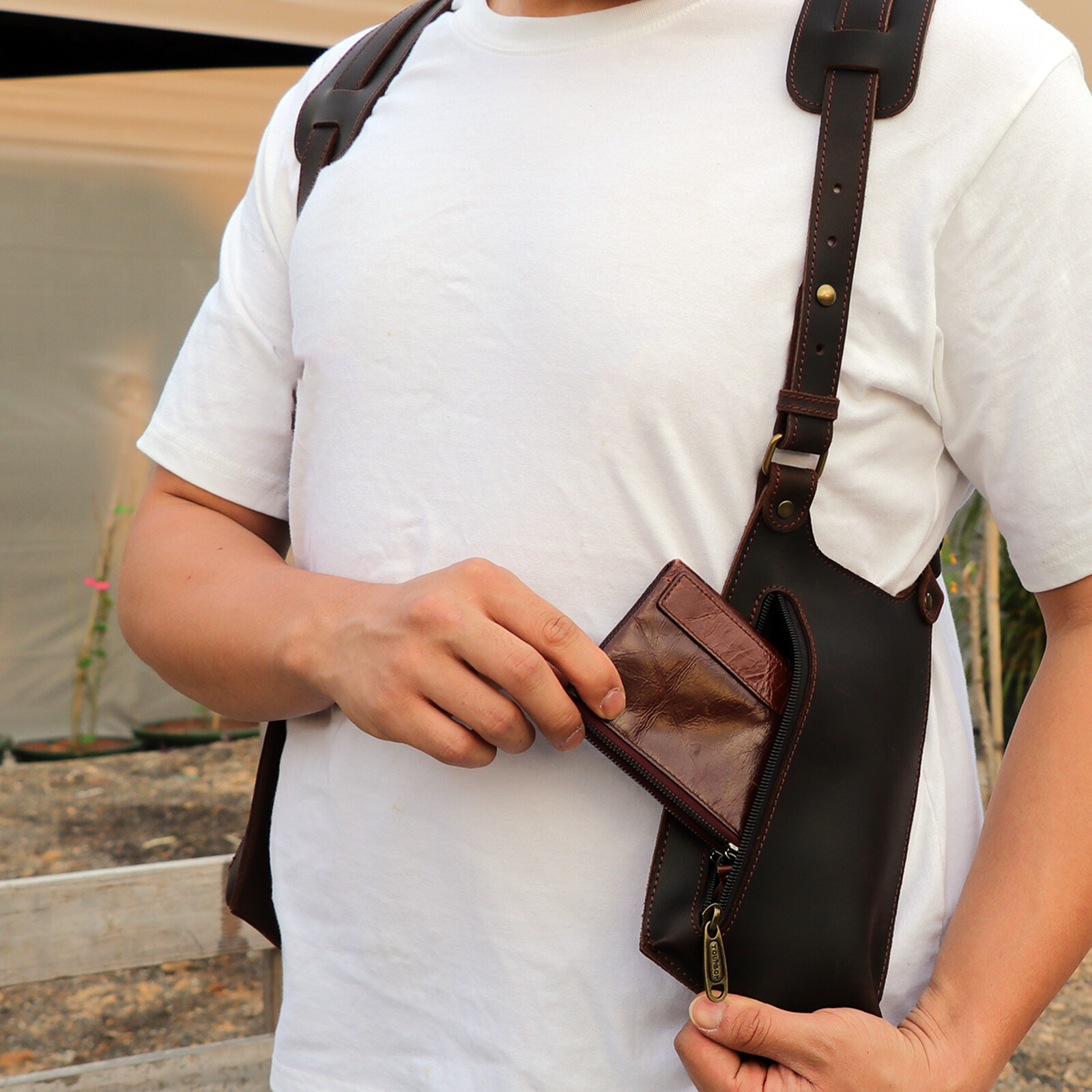 TOURBON Leather Concealed Double Underarm Shoulder Holster Bag Phone Case Wallet
