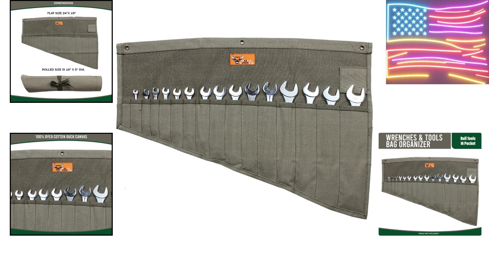 Roll Up Tool Bag Organizer, 16 Pockets, Metric & SAE Wrench Organizer